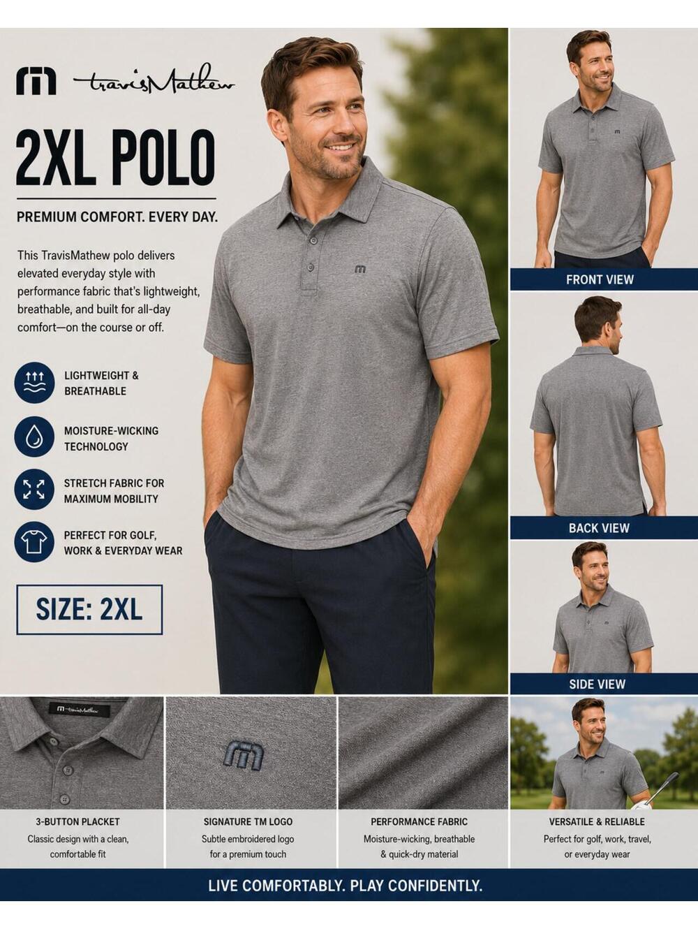 TravisMathew Men’s 2XL Gray Performance Polo Shirt Golf Casual Short Sleeve